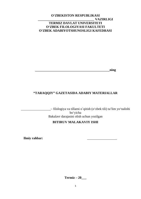 “TARAQQIY” GAZETASIDA ADABIY MATERIALLAR