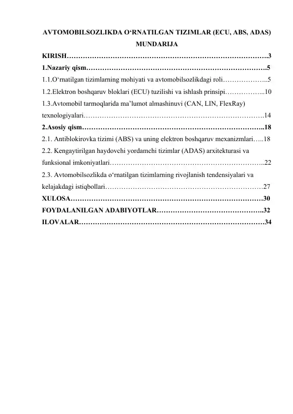 AVTOMOBILSOZLIKDA O‘RNATILGAN TIZIMLAR (ECU, ABS, ADAS)