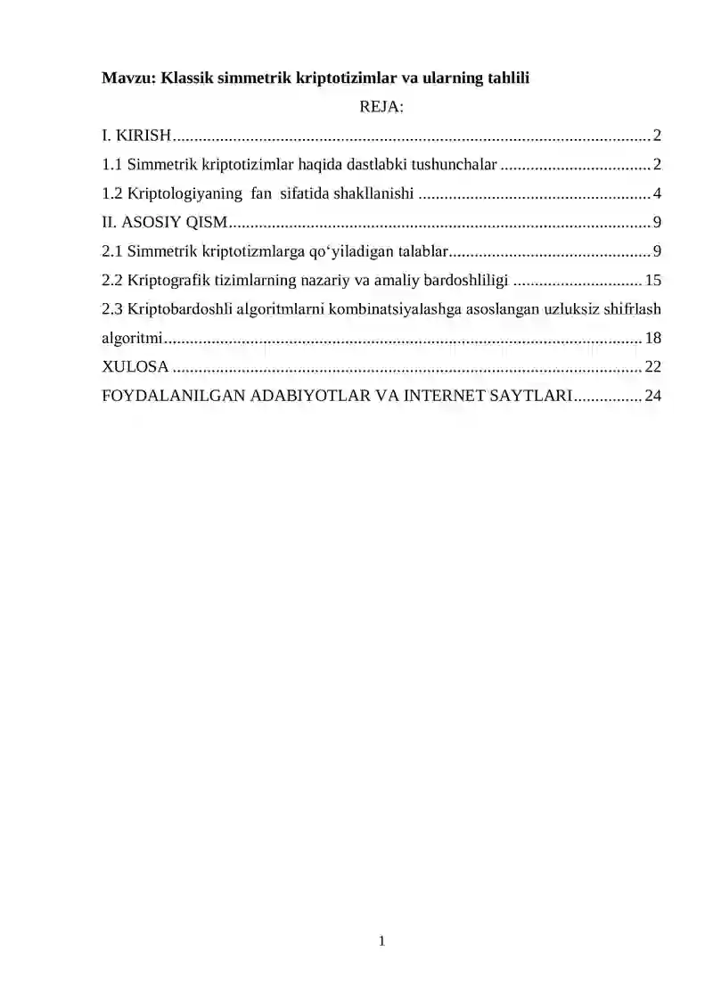 Klassik simmetrik kriptotizimlar va ularning tahlili
