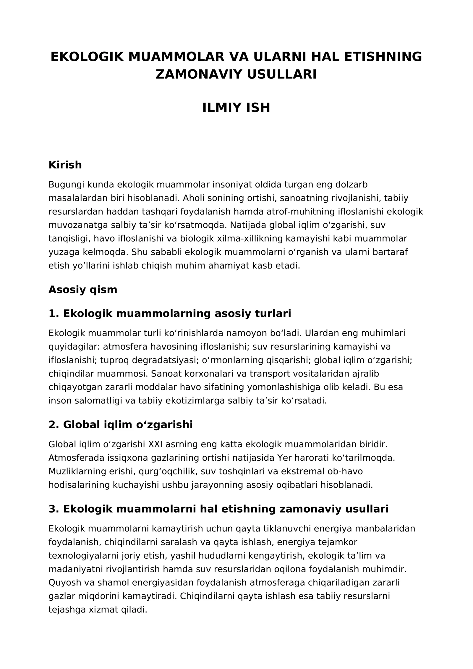 Ekologik muammolar va ularni hal etishning zamonaviy usullari – ilmiy ish