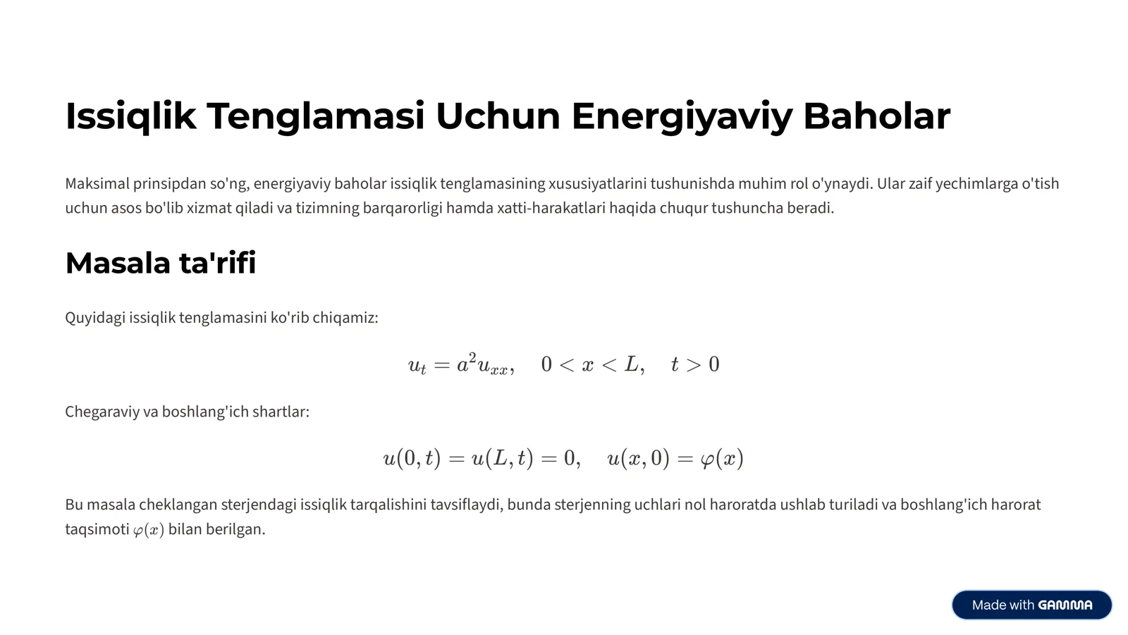 Issiqlik tenglamasi uchun energiyaviy baholar (taqdimot)