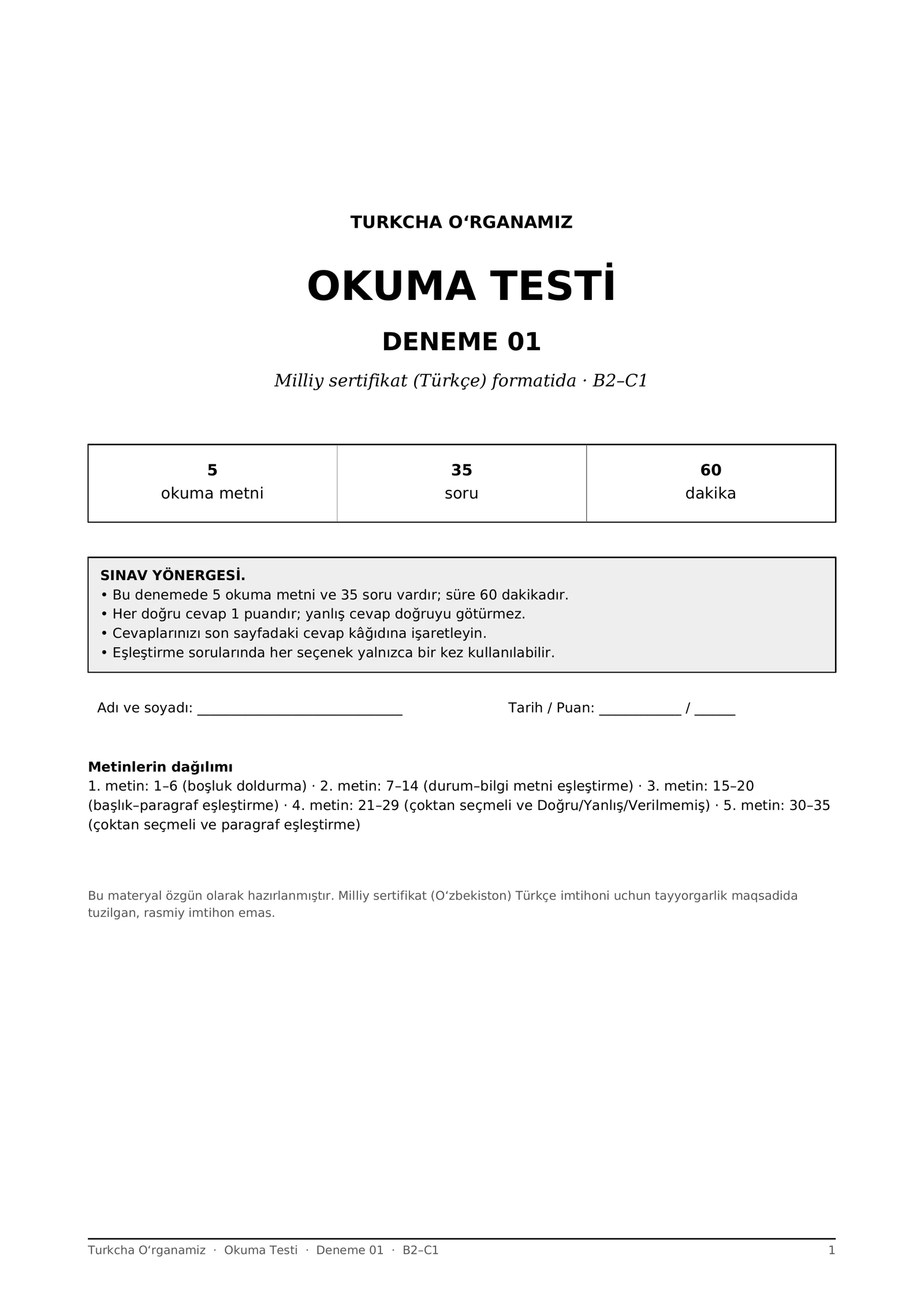 Turk tili Okuma testlari 10 ta deneme B2-C1 (Milliy sertifikat formati, javoblar bilan)