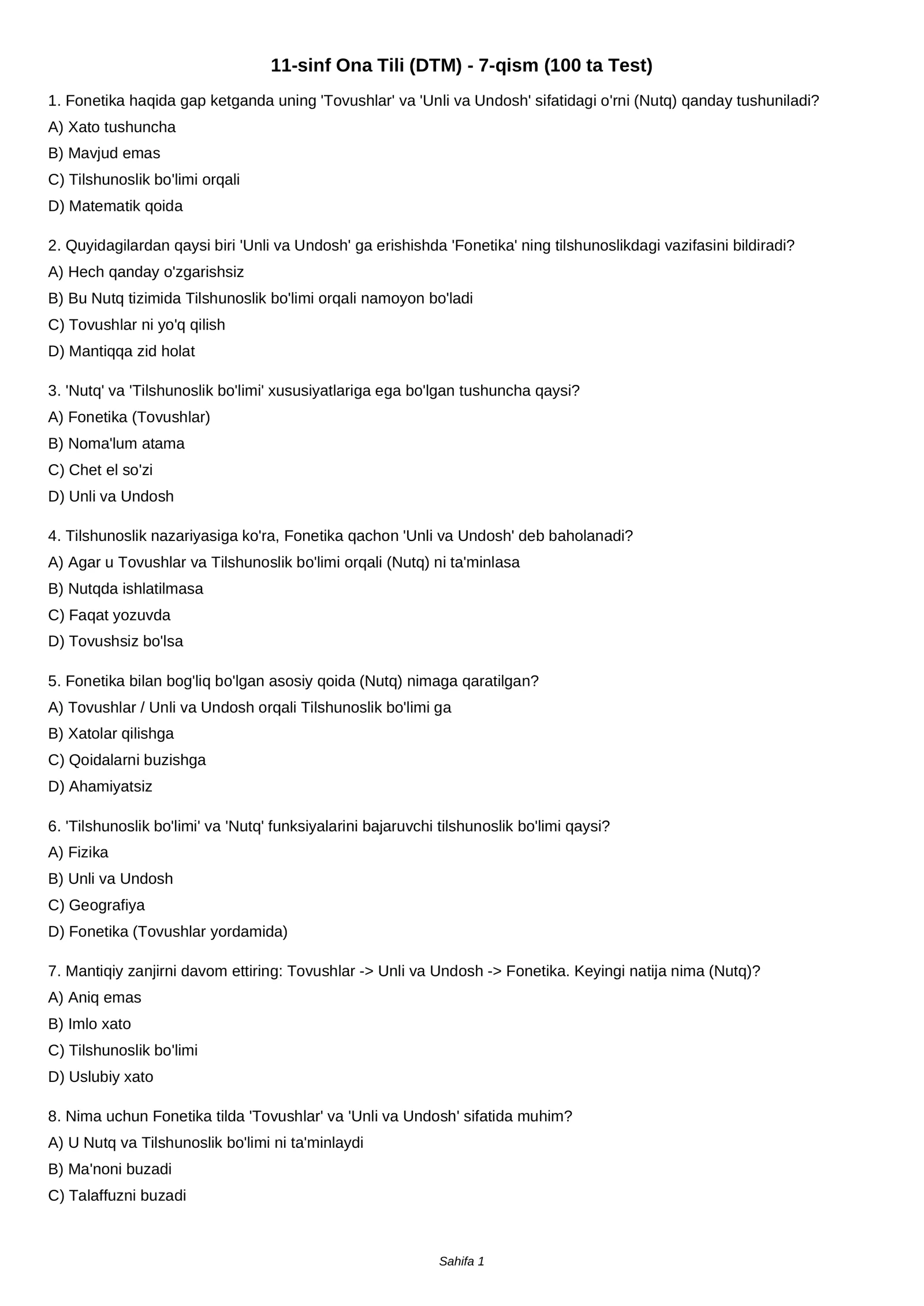 11-sinf Ona Tili (DTM) - 7-qism (100 ta Test)