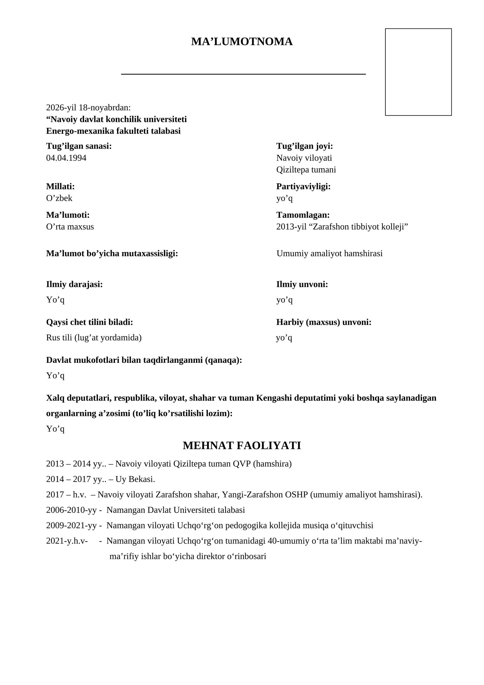 obyektivka namuna | obyektivka namunalari | Ishga kirishda kerak bo‘ladigan obyektivka shakli Ma’lumotnoma (obyektivka) to‘liq namuna – oson to‘ldiriladigan format”