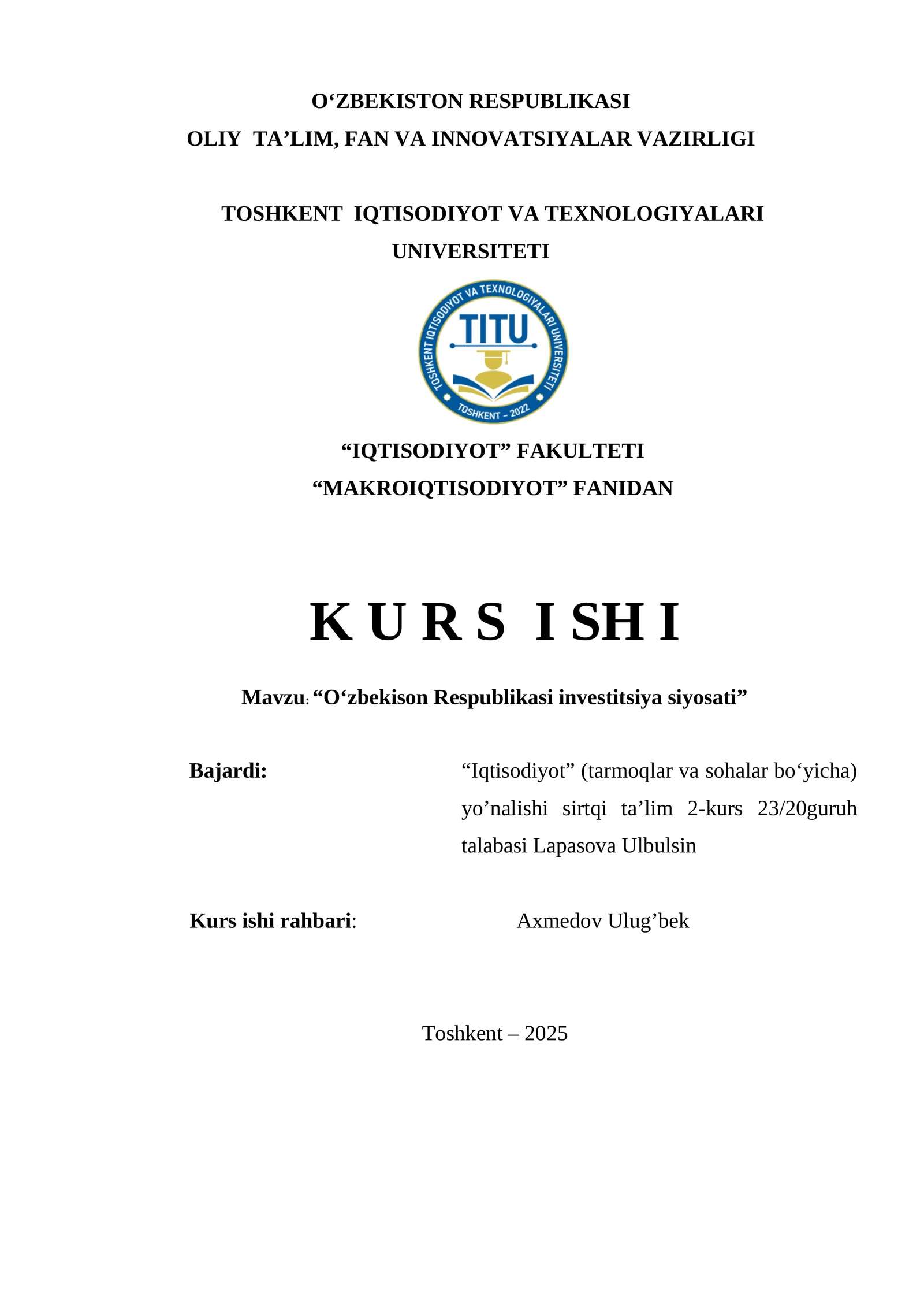 O'zbekiston Respublikasi Investitsiya siyosati