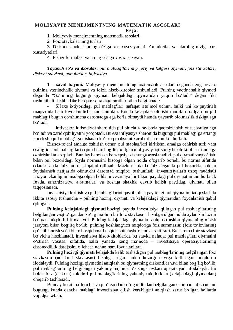 MOLIYAVIY MENEJMENTNING MATEMATIK ASOSLARI