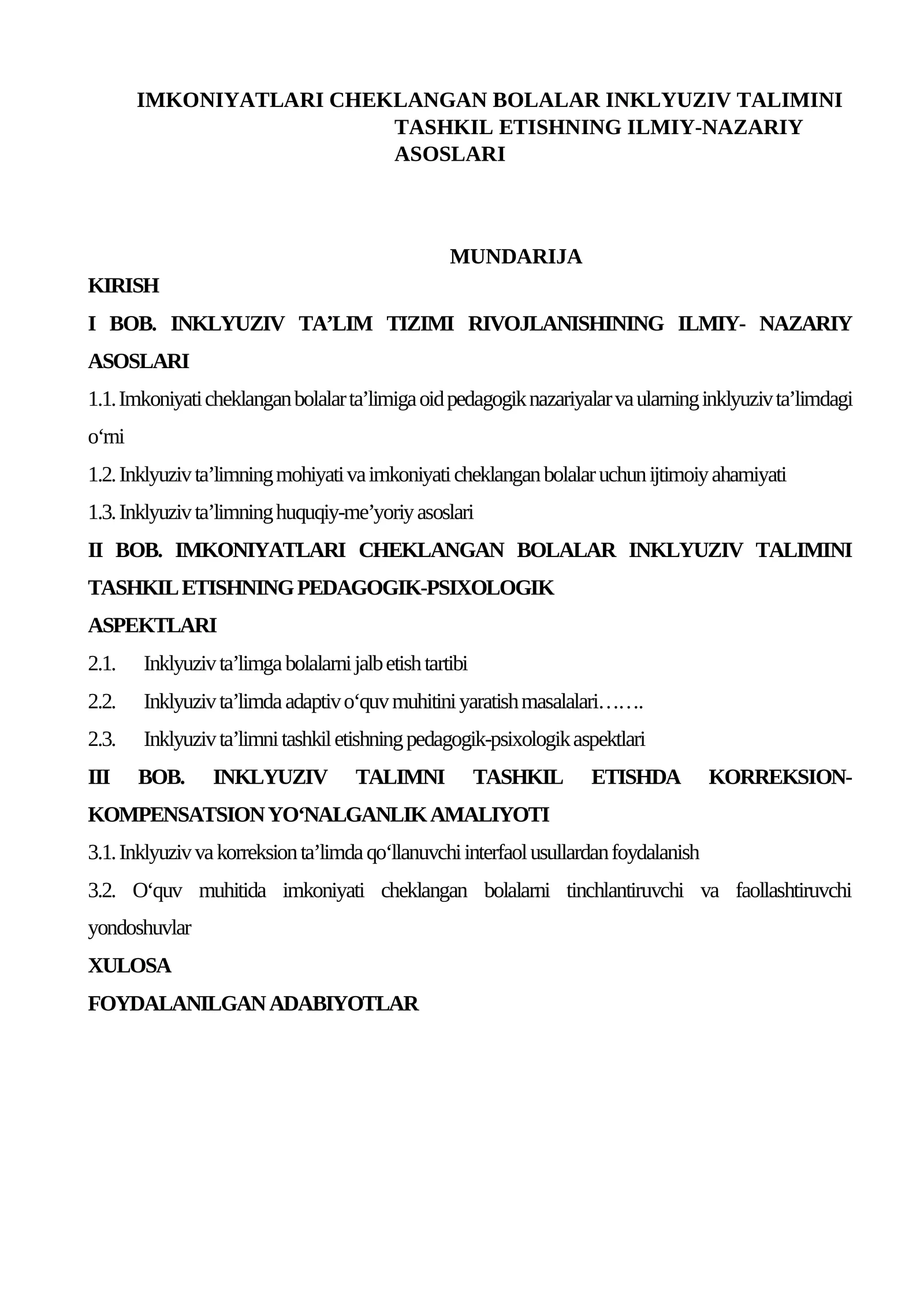 Imkoniyаtlаri cheklаngаn bolаlаr inklyuziv tаlimini tаshkil etishning ilmiy-nаzаriy аsoslаri