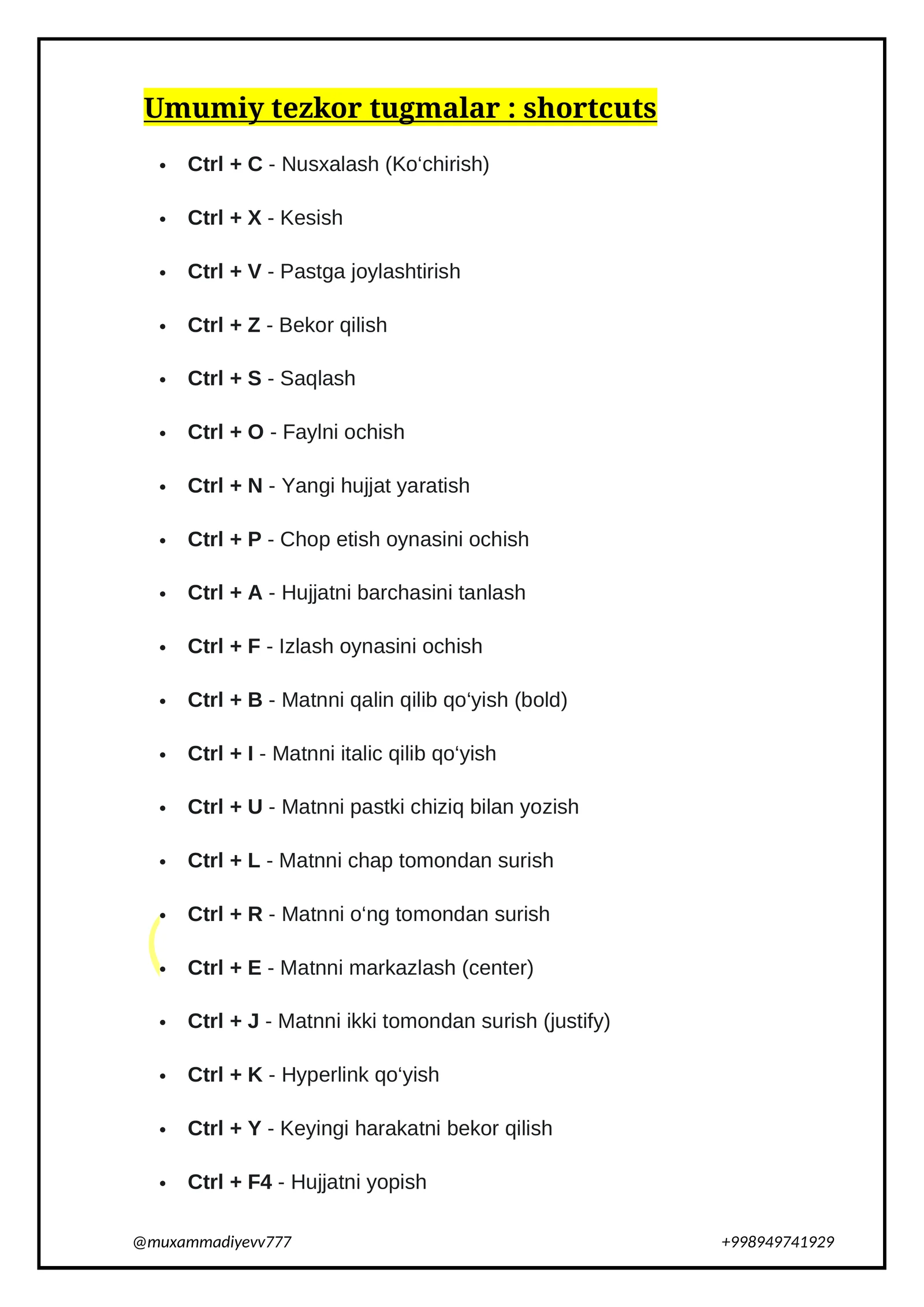 Umumiy tezkor tugmalar : shortcuts