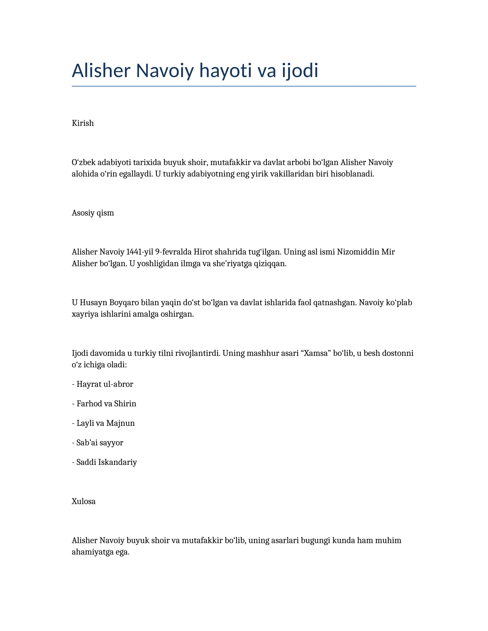Alisher Navoiy xayoti va ijodi Refarat