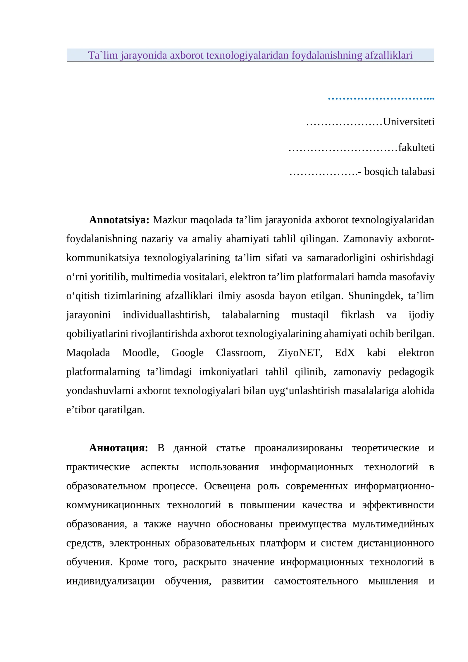 "Ta`lim jarayonida axborot texnologiyalaridan foydalanishning afzalliklari" maqola