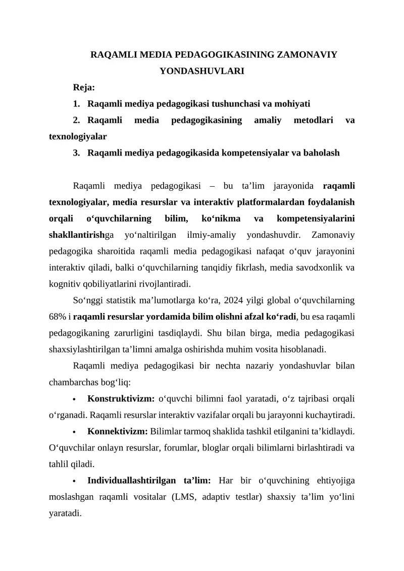 RAQAMLI MEDIA PEDAGOGIKASINING ZAMONAVIY YONDASHUVLARI