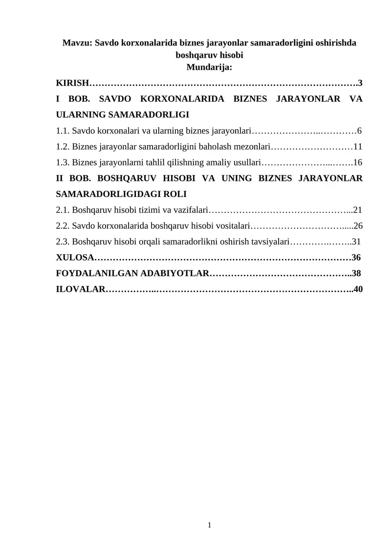 Savdo korxonalarida biznes jarayonlar samaradorligini oshirishda boshqaruv hisobi